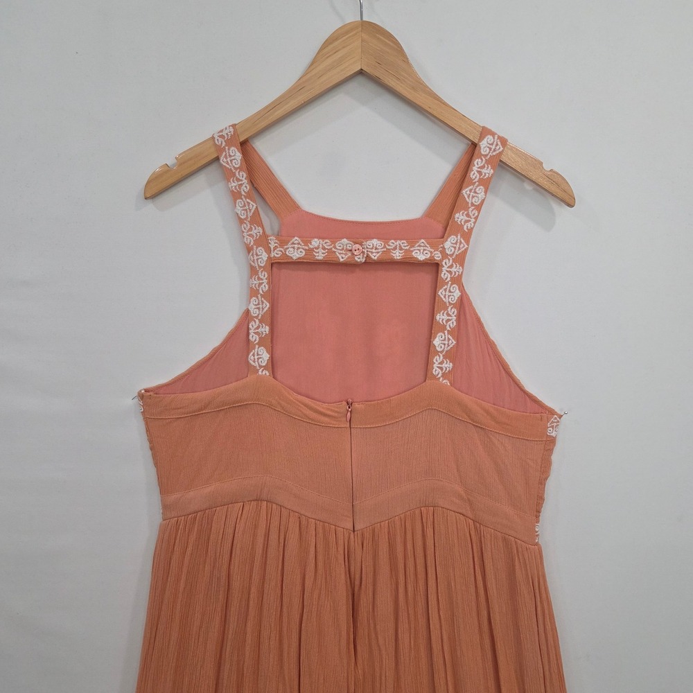 En Creme Orange Rayon Maxi Dress Large Embroidered Floral Halter Boho Summer - Picture 11 of 16